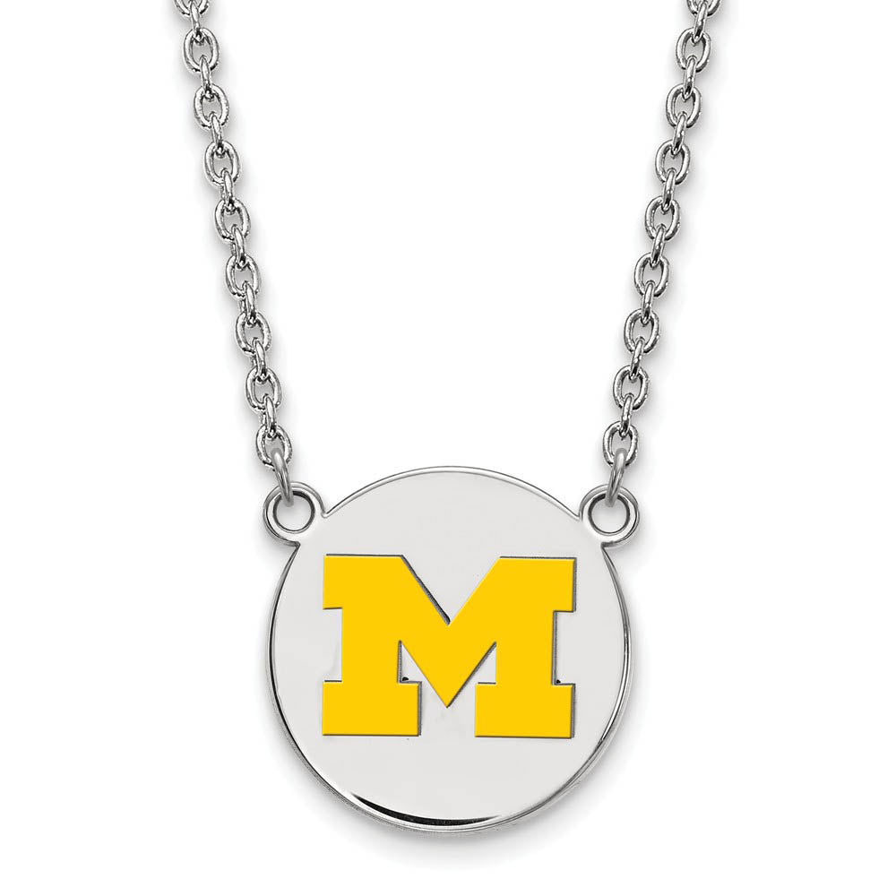 Sterling Silver U of Michigan Large Yellow Enamel 'M' Disc Necklace, Item N11607 by The Black Bow Jewelry Co.