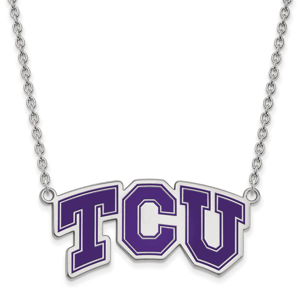Sterling Silver Texas Christian U Large Enamel Pendant Necklace, Item N11608 by The Black Bow Jewelry Co.