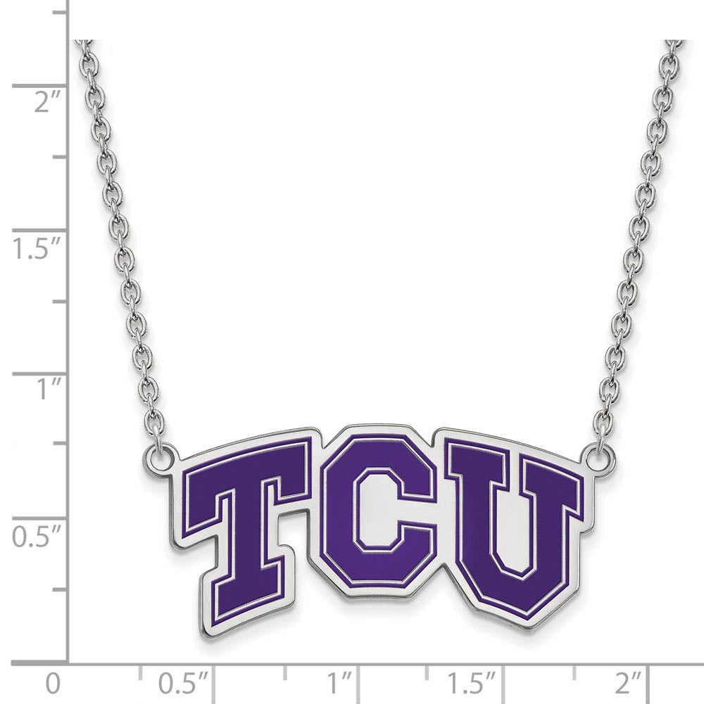 Alternate view of the Sterling Silver Texas Christian U Large Enamel Pendant Necklace by The Black Bow Jewelry Co.