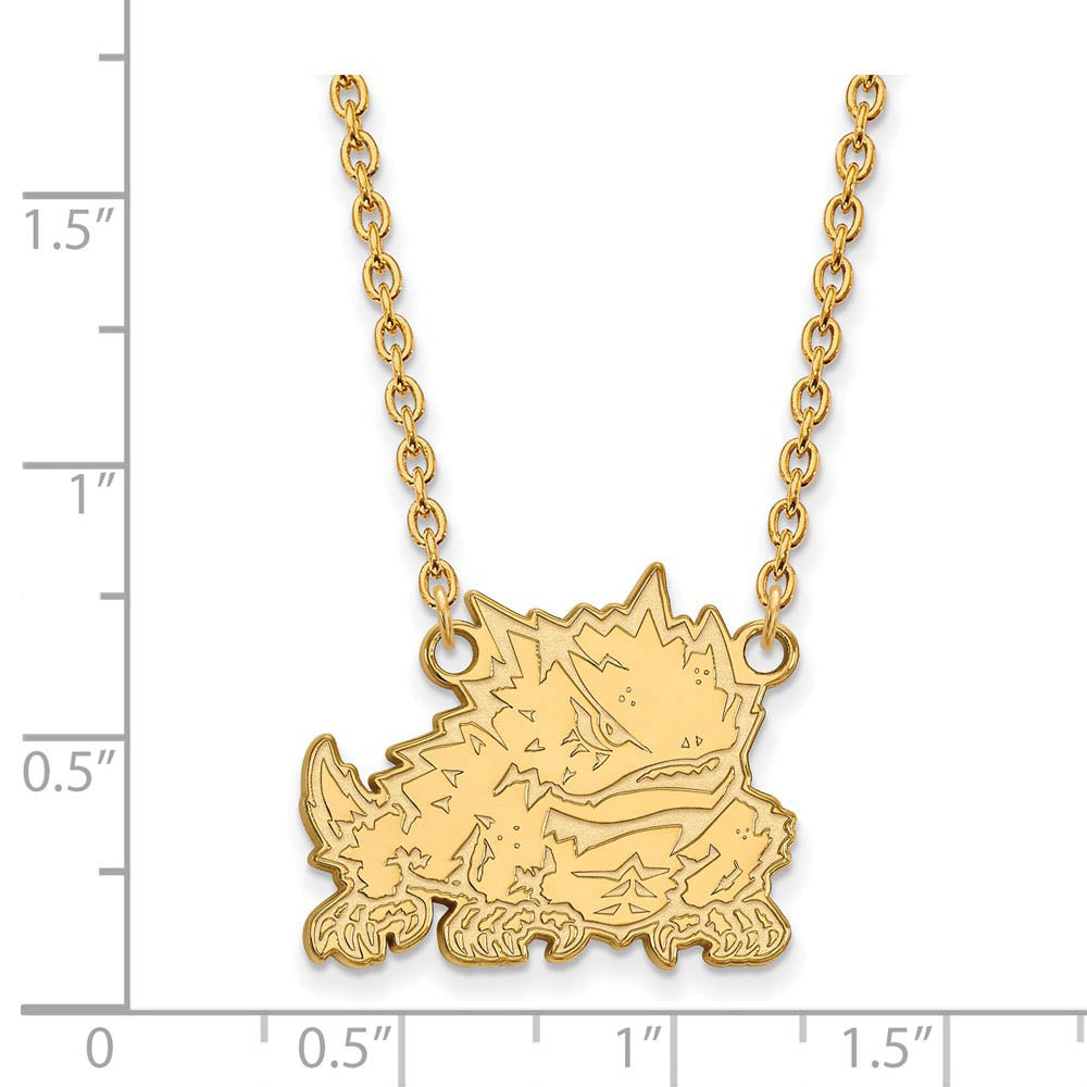 Alternate view of the 10k Yellow Gold Texas Christian U Large Pendant Necklace by The Black Bow Jewelry Co.
