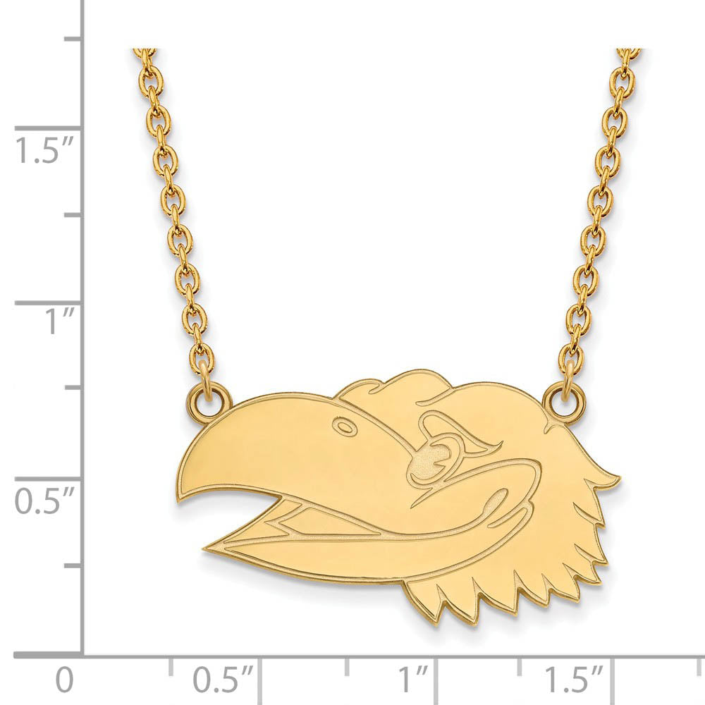Alternate view of the 10k Yellow Gold U of Kansas Lg Jayhawk Pendant Necklace by The Black Bow Jewelry Co.