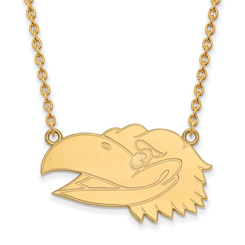 14k Yellow Gold U of Kansas Lg Jayhawk Logo Pendant Necklace, Item N12338 by The Black Bow Jewelry Co.