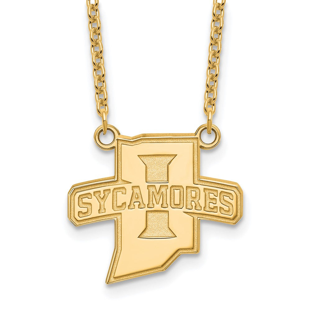 14k Gold Plated Silver Indiana State Sycamores Pendant Necklace, Item N12429 by The Black Bow Jewelry Co.