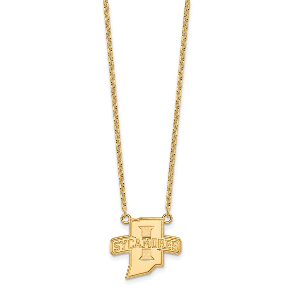 Alternate view of the 14k Gold Plated Silver Indiana State Sycamores Pendant Necklace by The Black Bow Jewelry Co.