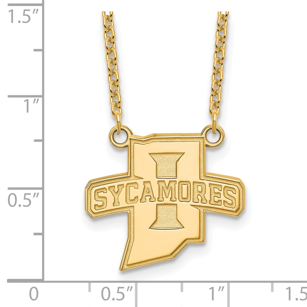 Alternate view of the 14k Gold Plated Silver Indiana State Sycamores Pendant Necklace by The Black Bow Jewelry Co.