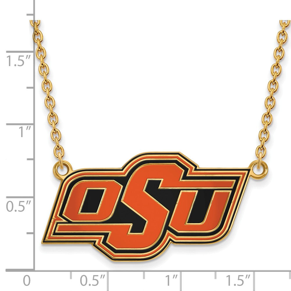 Alternate view of the 14k Gold Plated Silver Oklahoma State Lg OSU Enamel Necklace by The Black Bow Jewelry Co.