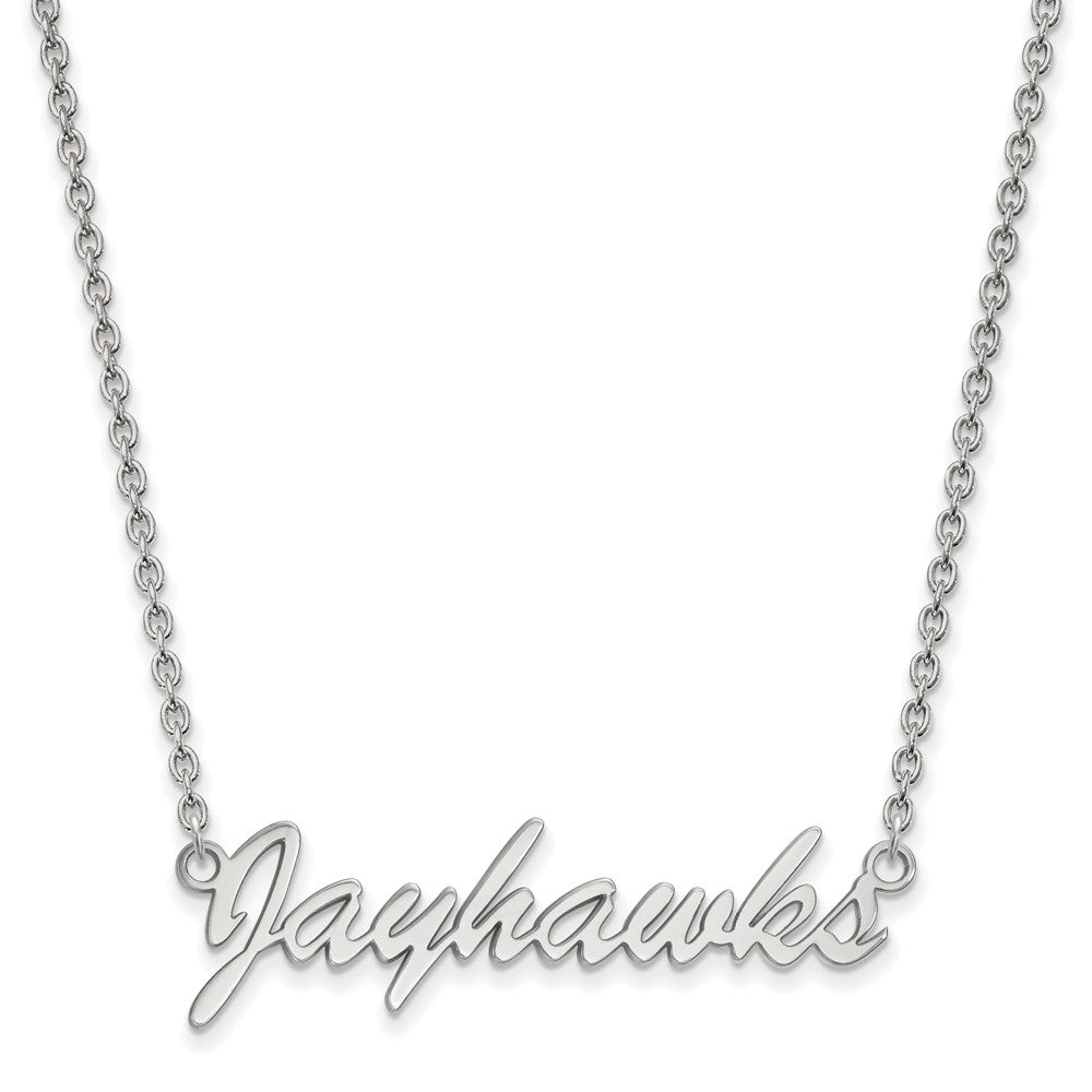 Sterling Silver U of Kansas Medium Script 'Jayhawks' Pendant Necklace, Item N12898 by The Black Bow Jewelry Co.