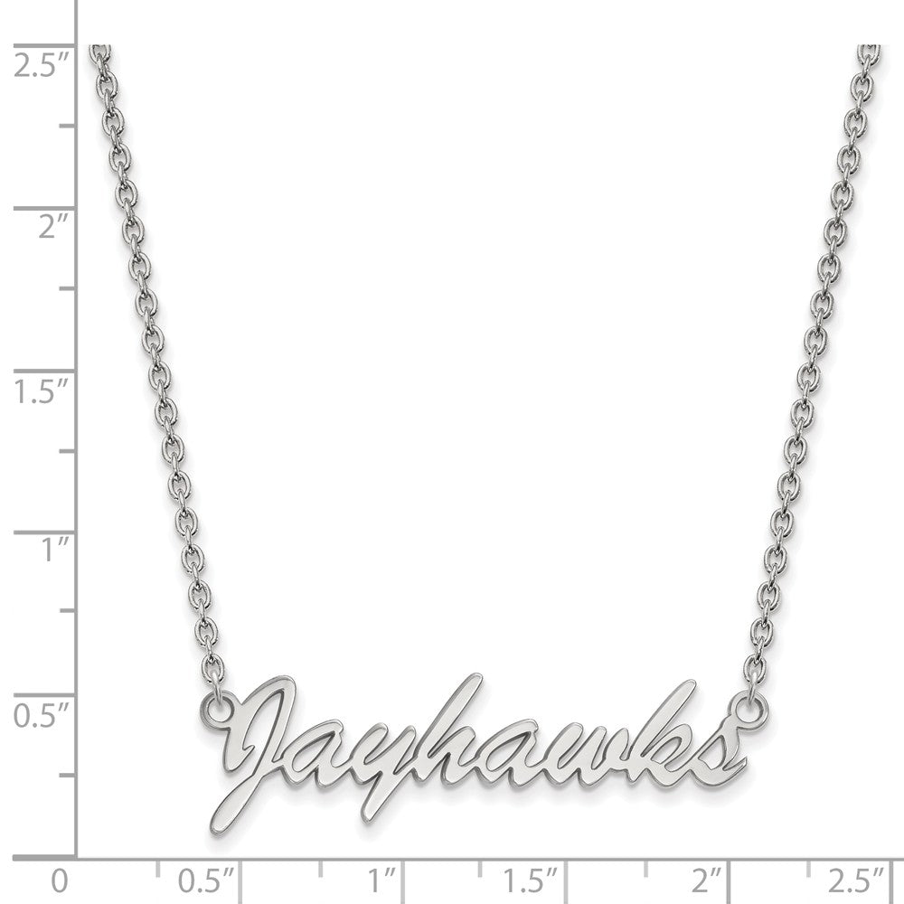 Alternate view of the Sterling Silver U of Kansas Medium Script 'Jayhawks' Pendant Necklace by The Black Bow Jewelry Co.