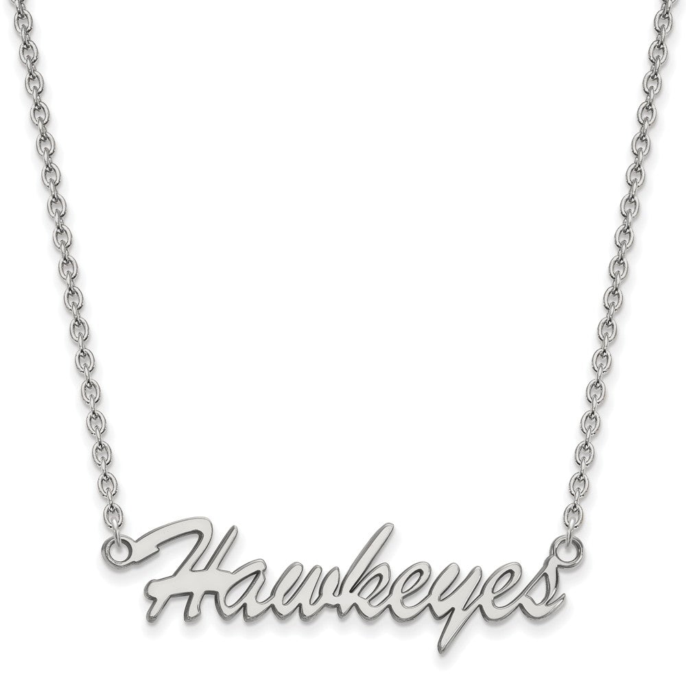 Sterling Silver U of Iowa Medium Script 'Hawkeyes' Pendant Necklace, Item N12910 by The Black Bow Jewelry Co.