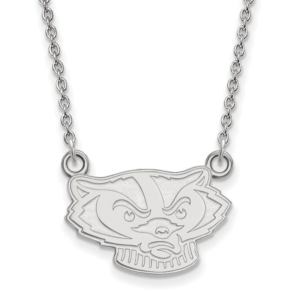 10k White Gold U of Wisconsin Small Badger Pendant Necklace, Item N13105 by The Black Bow Jewelry Co.