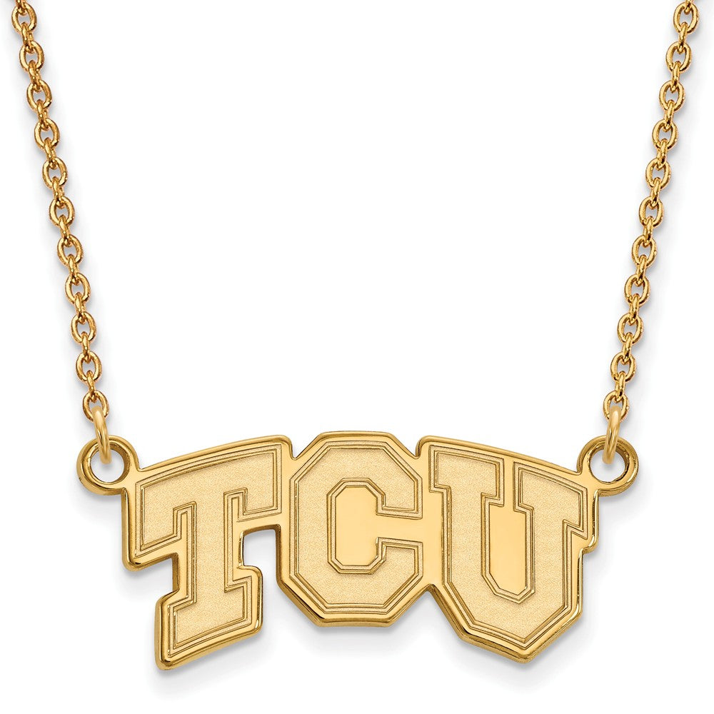 10k Yellow Gold Texas Christian U Small 'TCU' Pendant Necklace, Item N13118 by The Black Bow Jewelry Co.