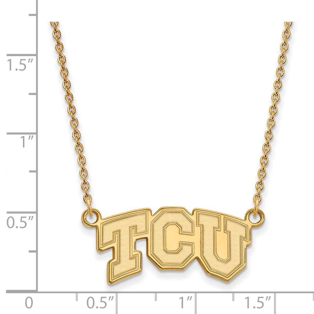 Alternate view of the 10k Yellow Gold Texas Christian U Small 'TCU' Pendant Necklace by The Black Bow Jewelry Co.