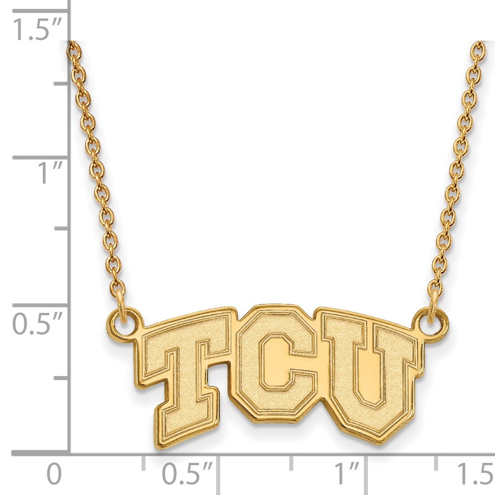 Alternate view of the 10k Yellow Gold Texas Christian U Small 'TCU' Pendant Necklace by The Black Bow Jewelry Co.