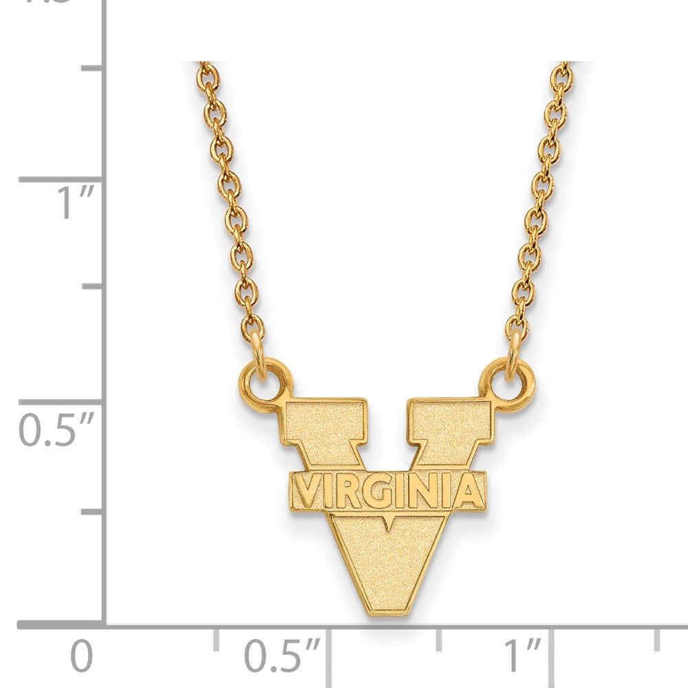 Alternate view of the 10k Yellow Gold U of Virginia Small 'V' Logo Pendant Necklace by The Black Bow Jewelry Co.