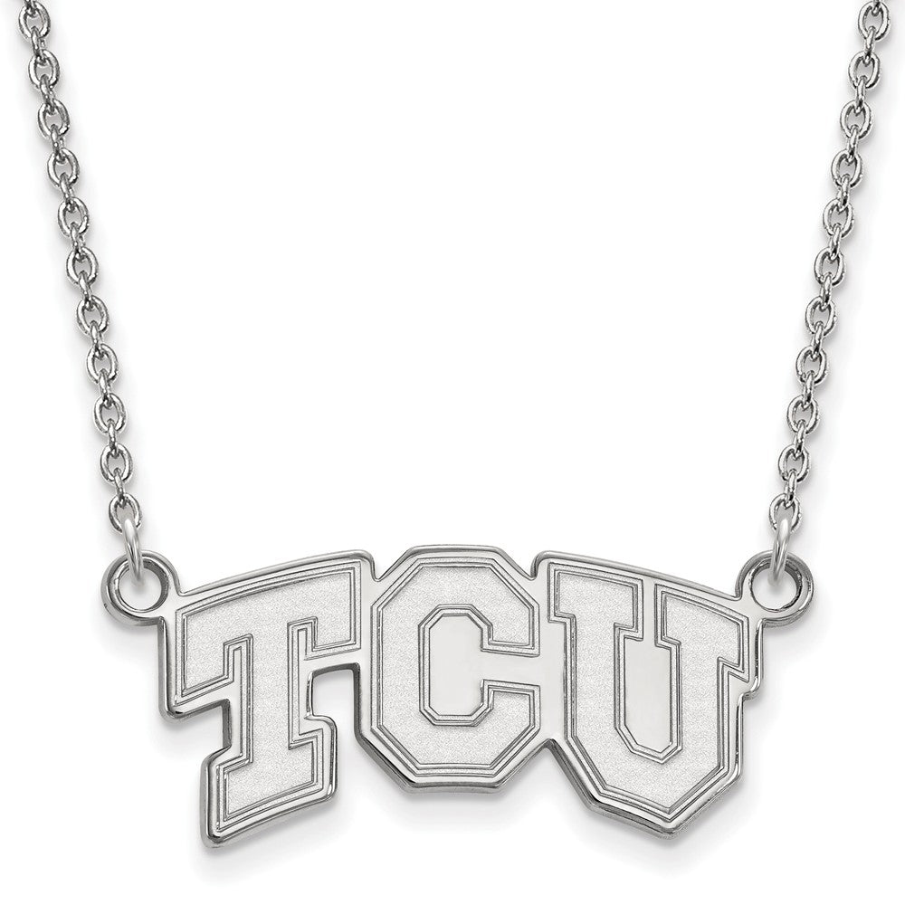 14k White Gold Texas Christian U Small 'TCU' Pendant Necklace, Item N13293 by The Black Bow Jewelry Co.