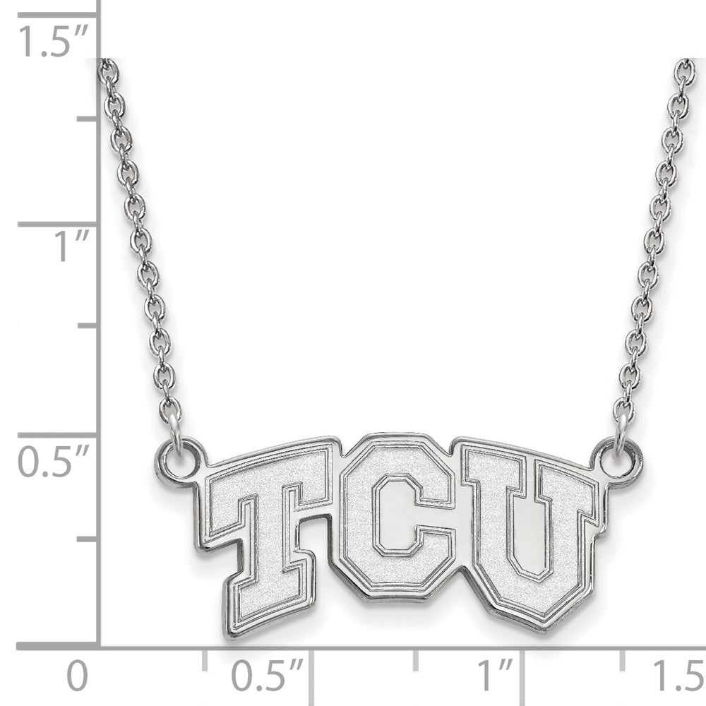 Alternate view of the 14k White Gold Texas Christian U Small 'TCU' Pendant Necklace by The Black Bow Jewelry Co.