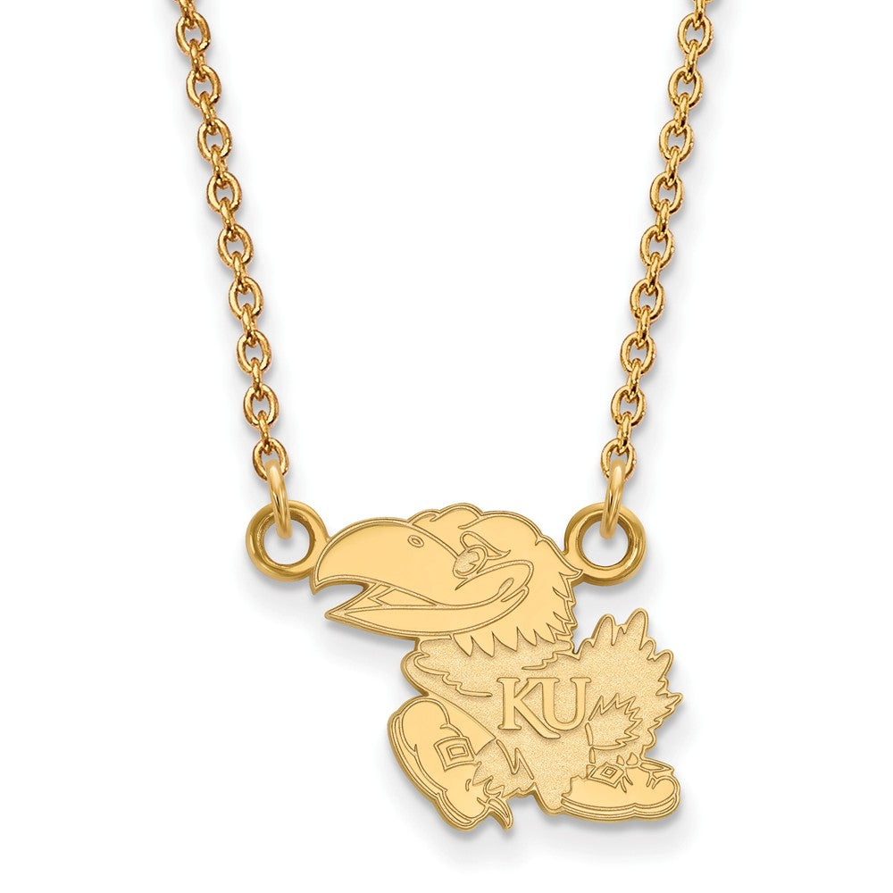 14k Gold Plated Silver U of Kansas Small Jayhawk Pendant Necklace, Item N13716 by The Black Bow Jewelry Co.