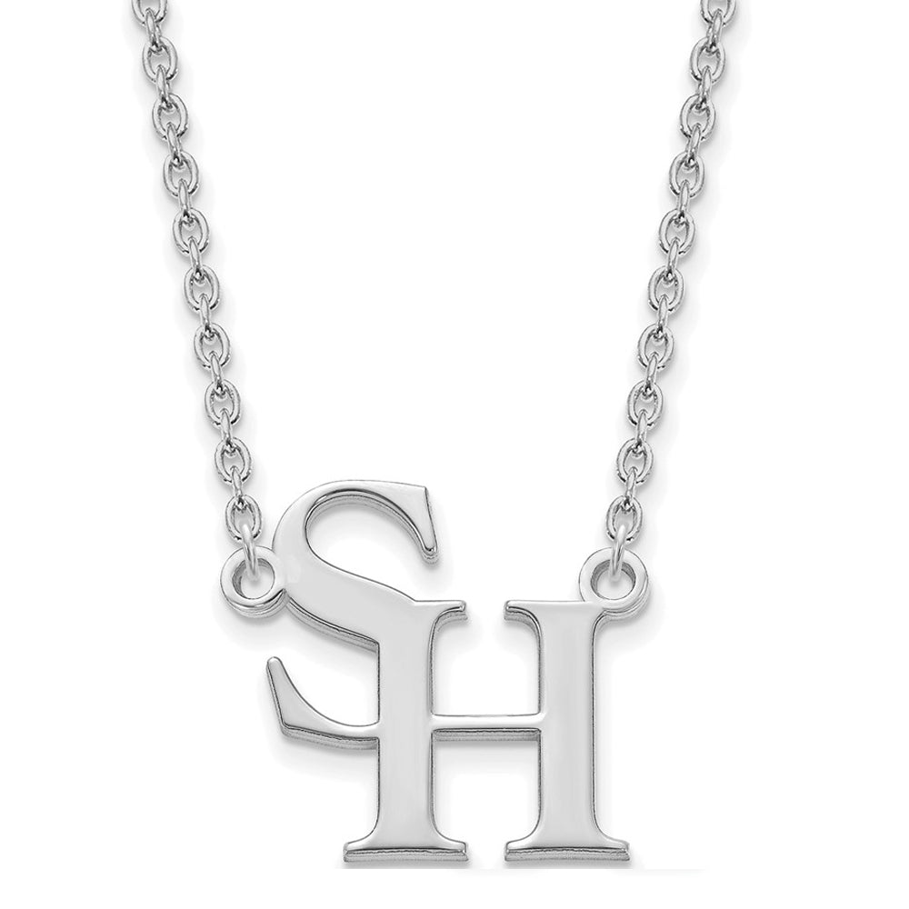 Sterling Silver Sam Houston State Small 'SH' Pendant Necklace, Item N13841 by The Black Bow Jewelry Co.