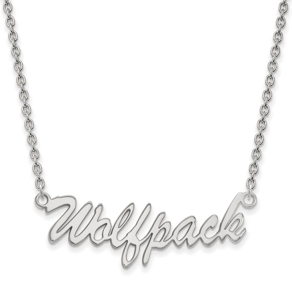 Sterling Silver North Carolina Med Script 'Wolfpack' Pendant Necklace, Item N14025 by The Black Bow Jewelry Co.