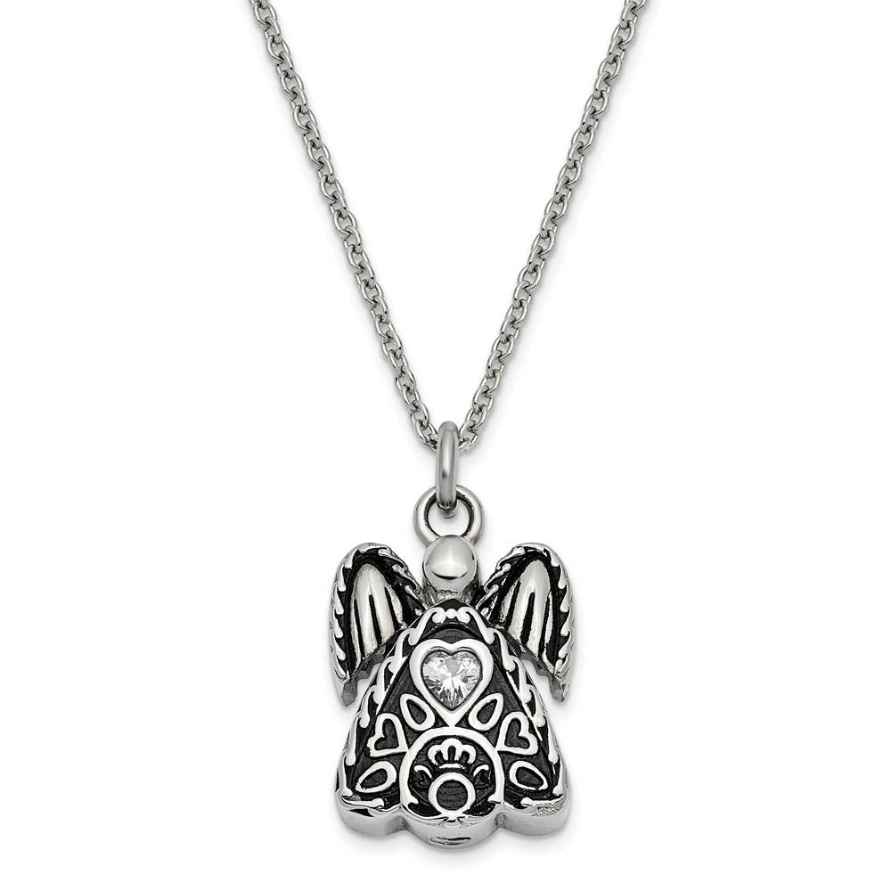 Antiqued Stainless Steel CZ Birthstone Angel Ash Holder Necklace 18 In, Item N14043 by The Black Bow Jewelry Co.