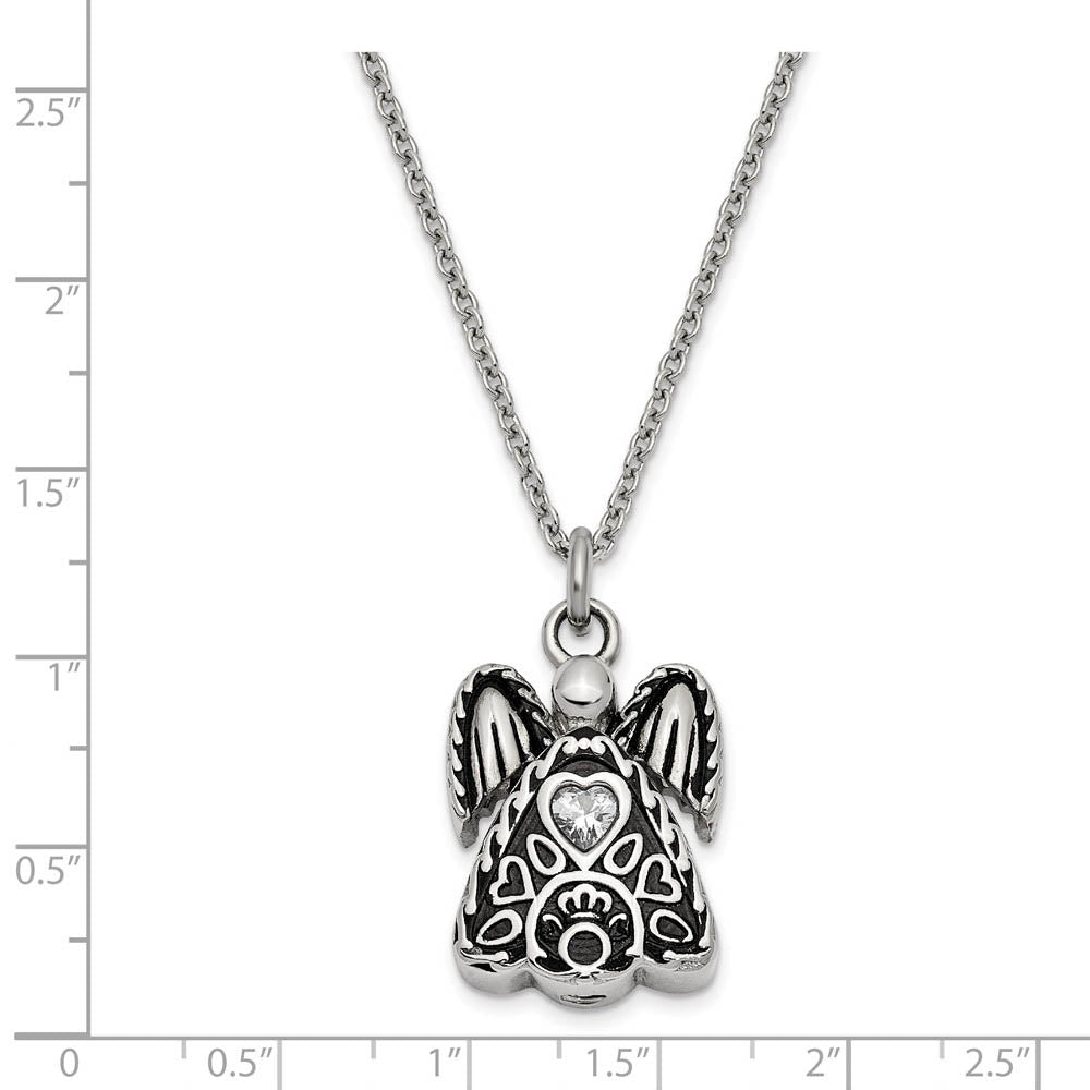 Alternate view of the Antiqued Stainless Steel CZ Birthstone Angel Ash Holder Necklace 18 In by The Black Bow Jewelry Co.