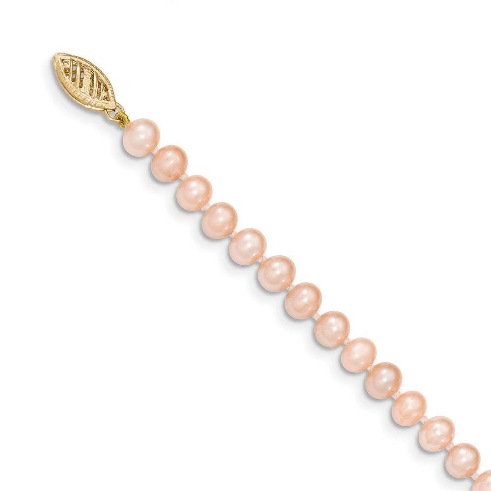 Alternate view of the 5-6mm, Pink FW Cultured Pearl & 14k Yellow Gold Clasp Necklace by The Black Bow Jewelry Co.