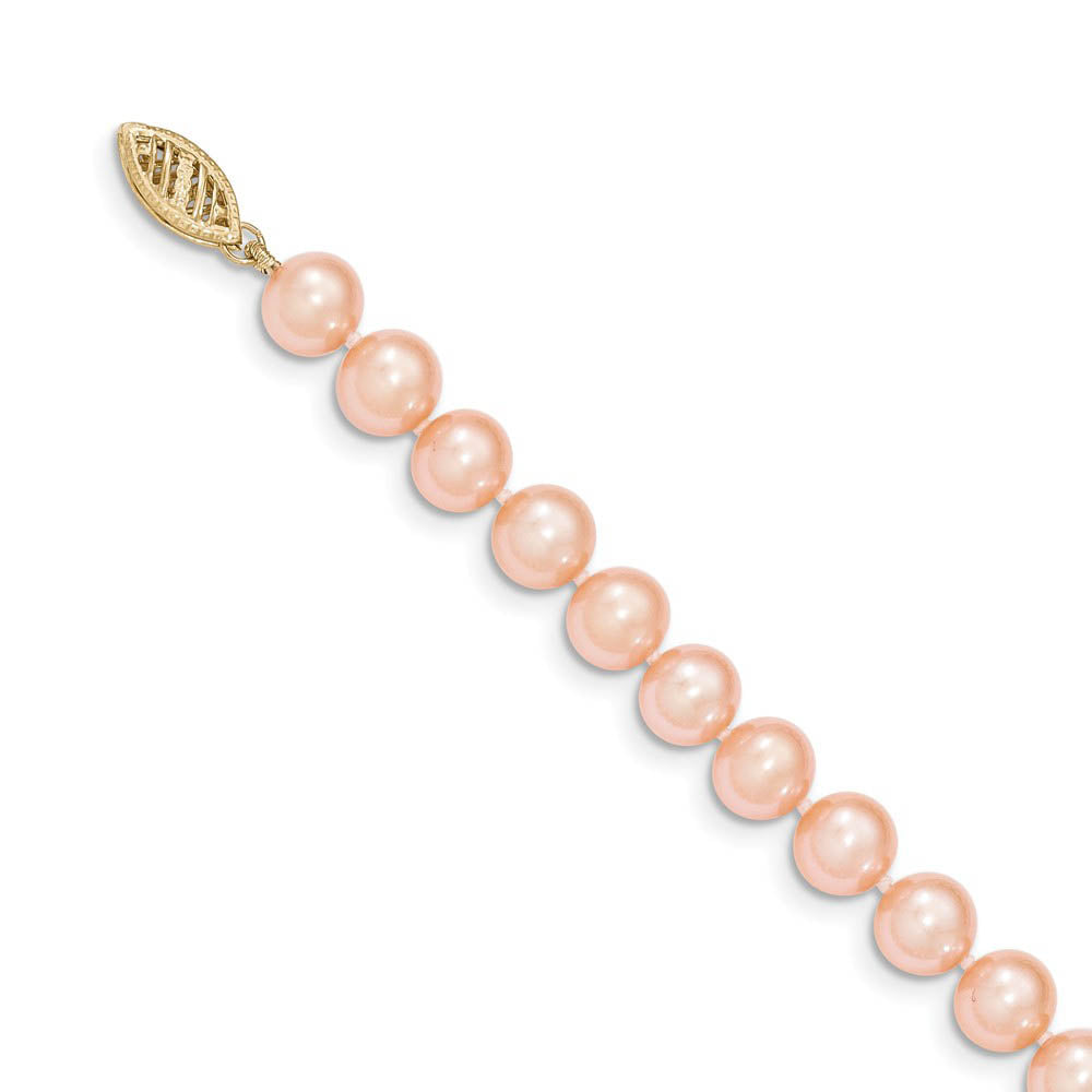 Alternate view of the 7-8mm, Pink FW Cultured Pearl & 14k Yellow Gold Clasp Necklace by The Black Bow Jewelry Co.