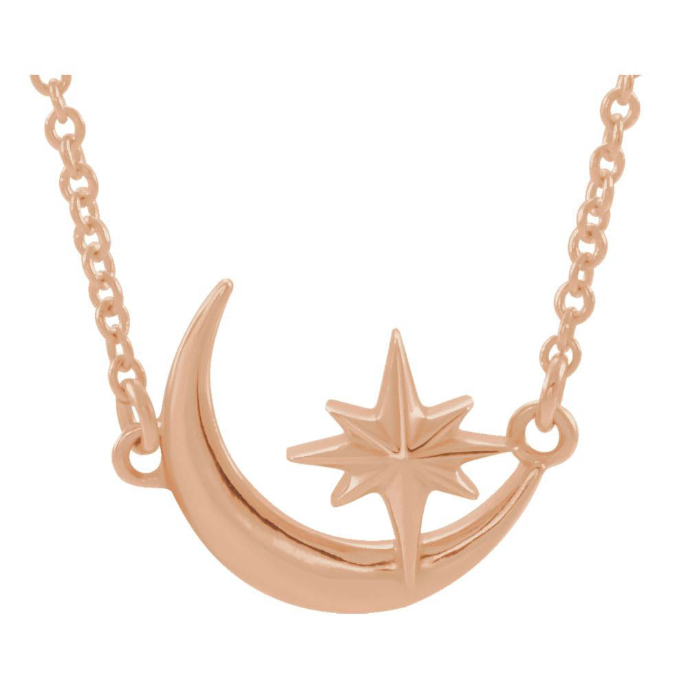 14K Yellow, White or Rose Gold Crescent Moon & Star Necklace, 16-18 In, Item N14108 by The Black Bow Jewelry Co.