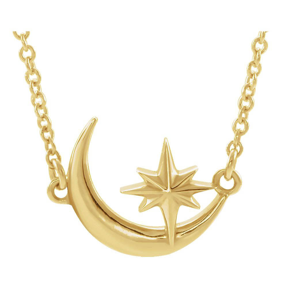 Alternate view of the 14K Yellow, White or Rose Gold Crescent Moon & Star Necklace, 16-18 In by The Black Bow Jewelry Co.