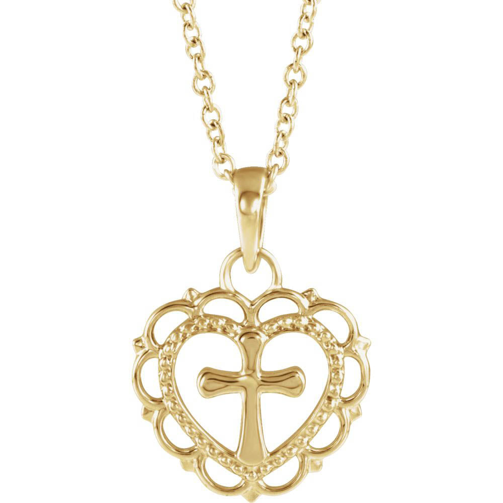 Youth 14k White or Yellow Gold Heart with Cross Necklace, 16-18 Inch, Item N14113 by The Black Bow Jewelry Co.