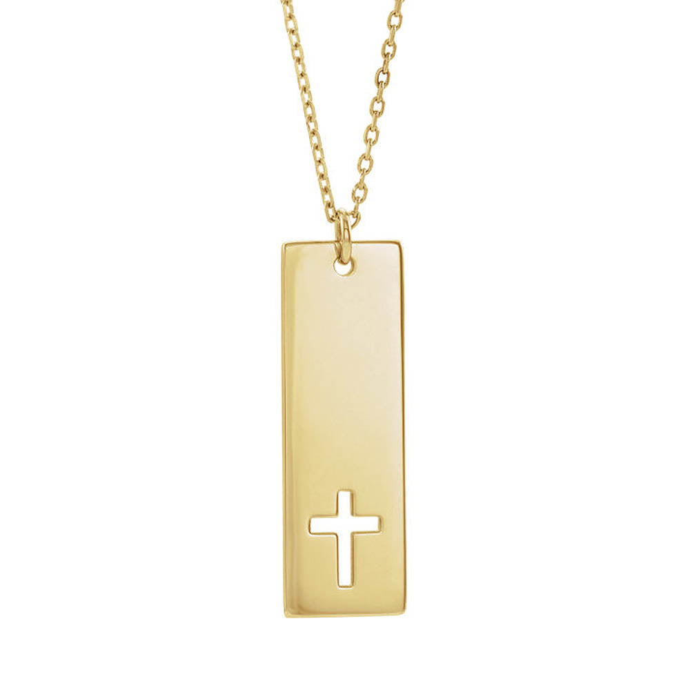 Alternate view of the 14k Yellow, White or Rose Gold Vertical Bar Pierced Cross Necklace by The Black Bow Jewelry Co.