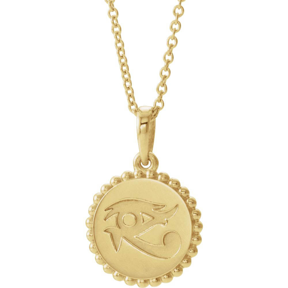 Alternate view of the 14k White, Yellow or Rose Gold Eye of Horus 12mm Disc Necklace, Adj. by The Black Bow Jewelry Co.