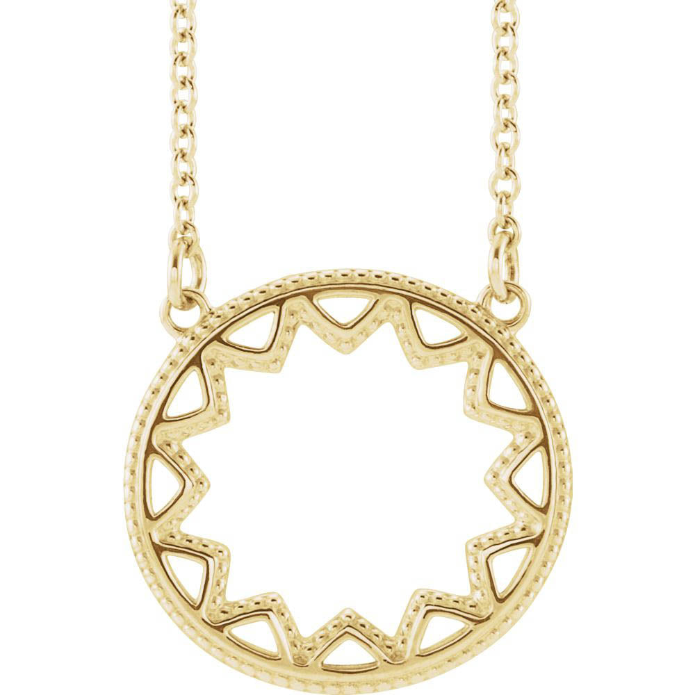 Alternate view of the 14k Yellow, White or Rose Gold 15mm Milgrain Sun Necklace, 16-18 Inch by The Black Bow Jewelry Co.