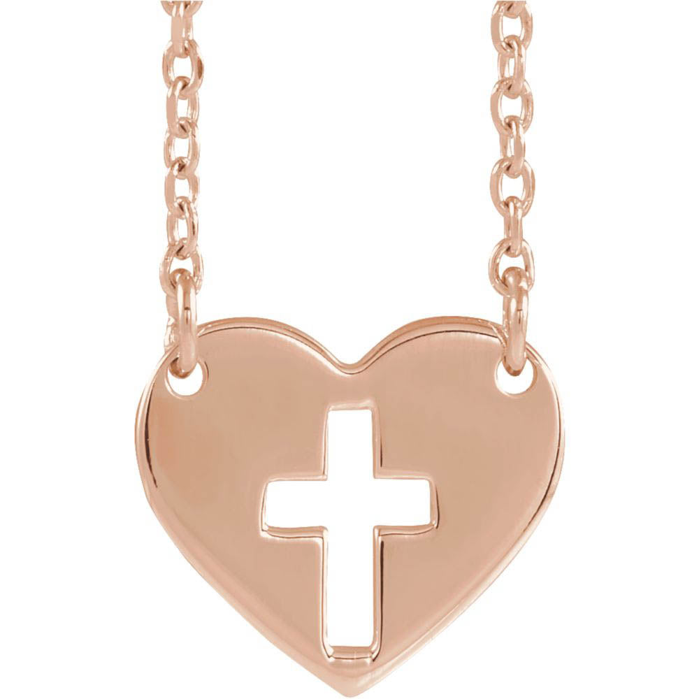 14k Yellow, White or Rose Gold Pierced Cross Heart Necklace, 16-18 In., Item N14157 by The Black Bow Jewelry Co.