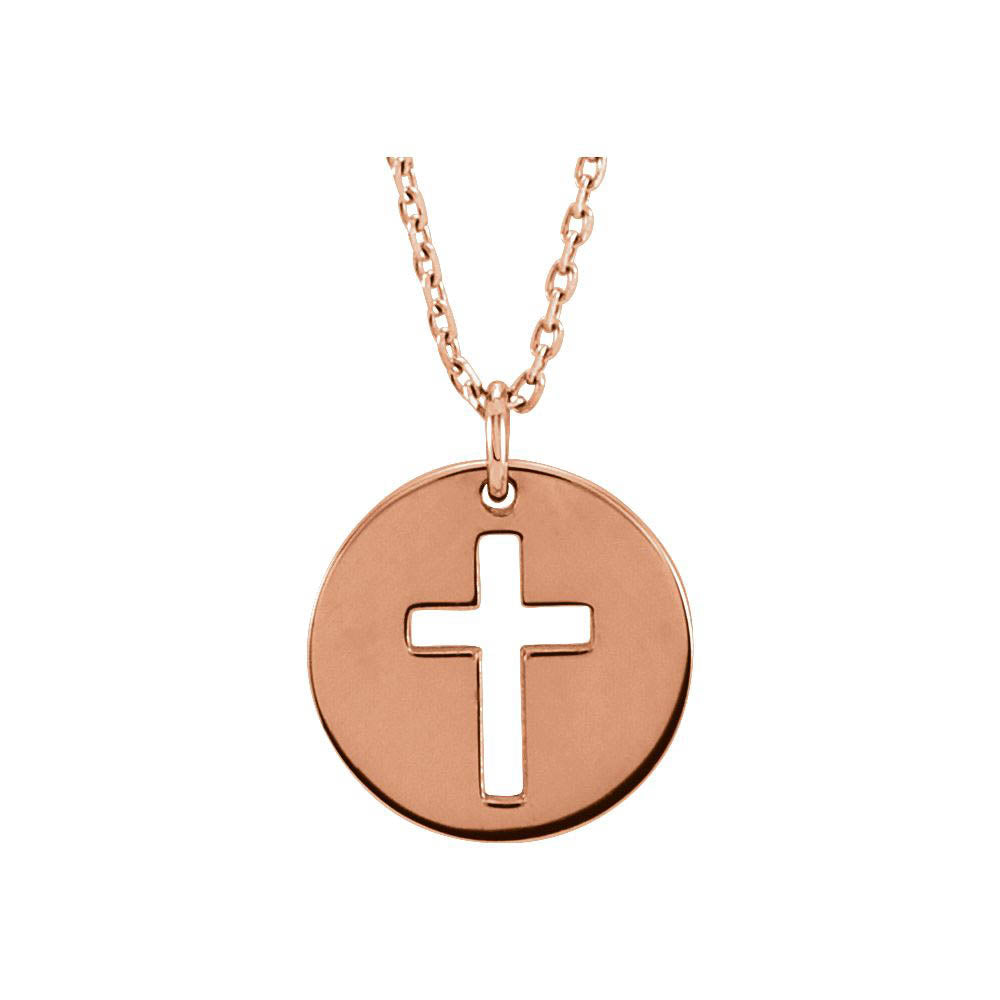 14k Yellow, White or Rose Gold 12mm Cross Disc Necklace, 16-18 Inch, Item N14162 by The Black Bow Jewelry Co.