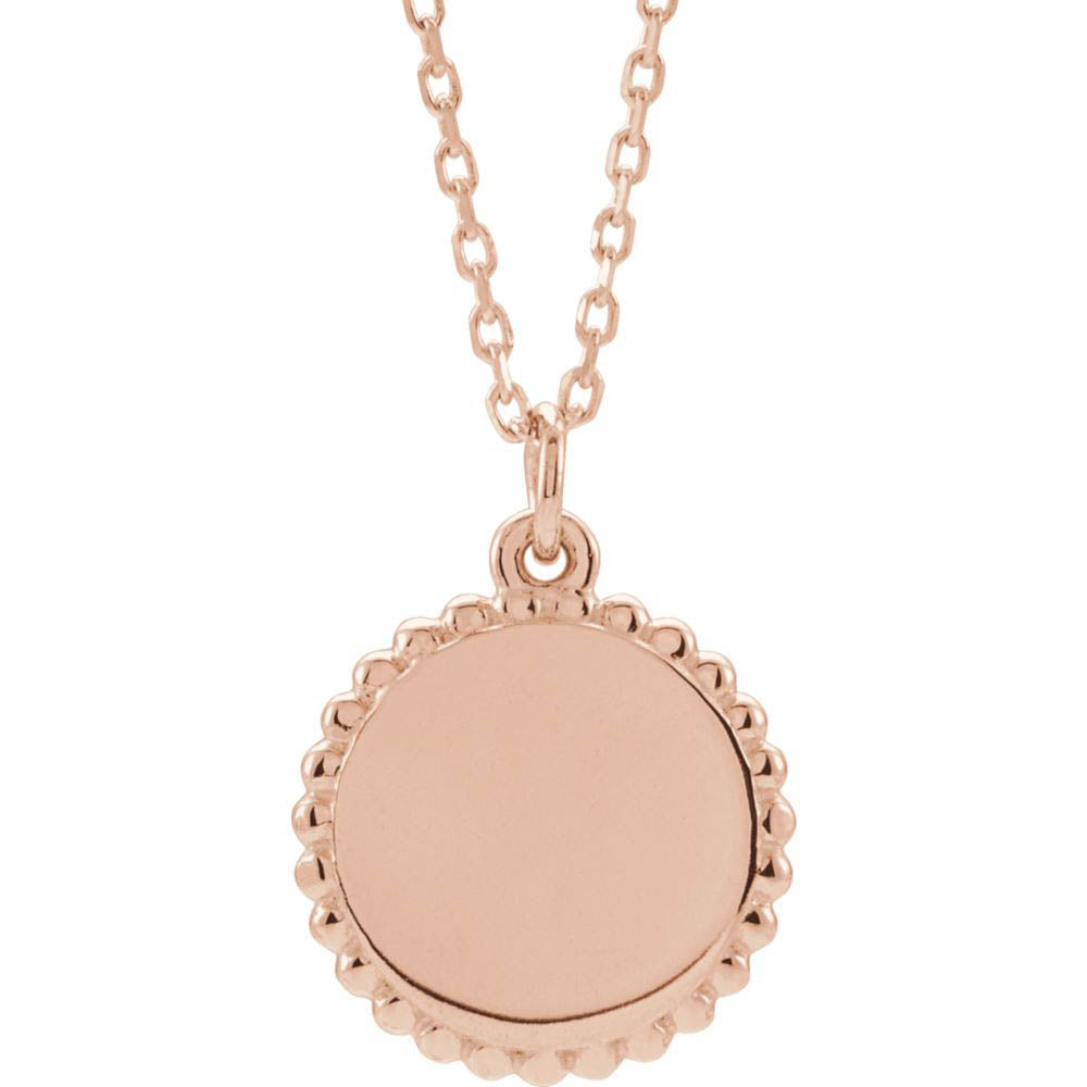 14k White, Yellow or Rose Gold 12mm Bead Edge Disc Necklace, 16-18 In., Item N14174 by The Black Bow Jewelry Co.