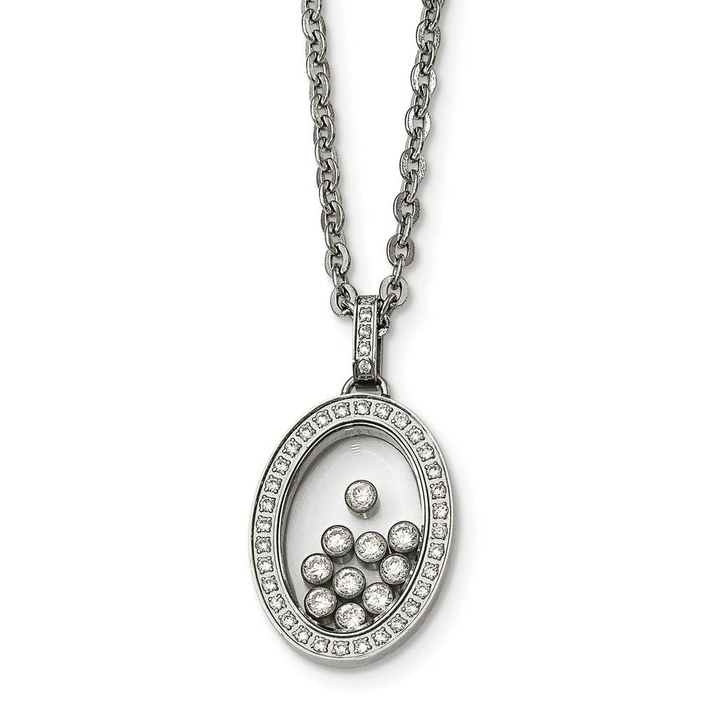 Stainless Steel, Glass and Floating CZ Oval Necklace, 18 Inch, Item N14197 by The Black Bow Jewelry Co.