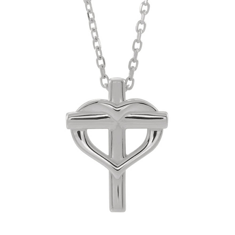 Youth Sterling Silver Heart Cross Necklace, 15 Inch, Item N14233 by The Black Bow Jewelry Co.