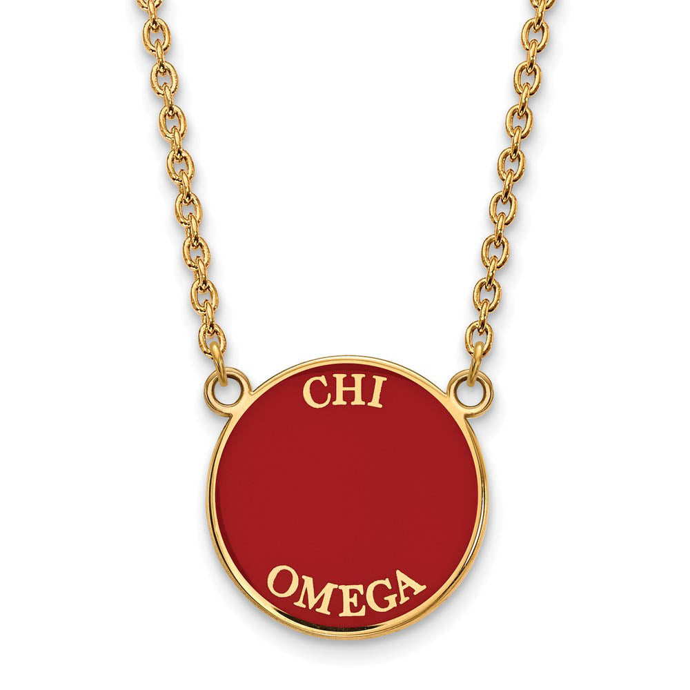 14K Plated Silver Chi Omega Large Red Enamel Disc Necklace, Item N14381 by The Black Bow Jewelry Co.
