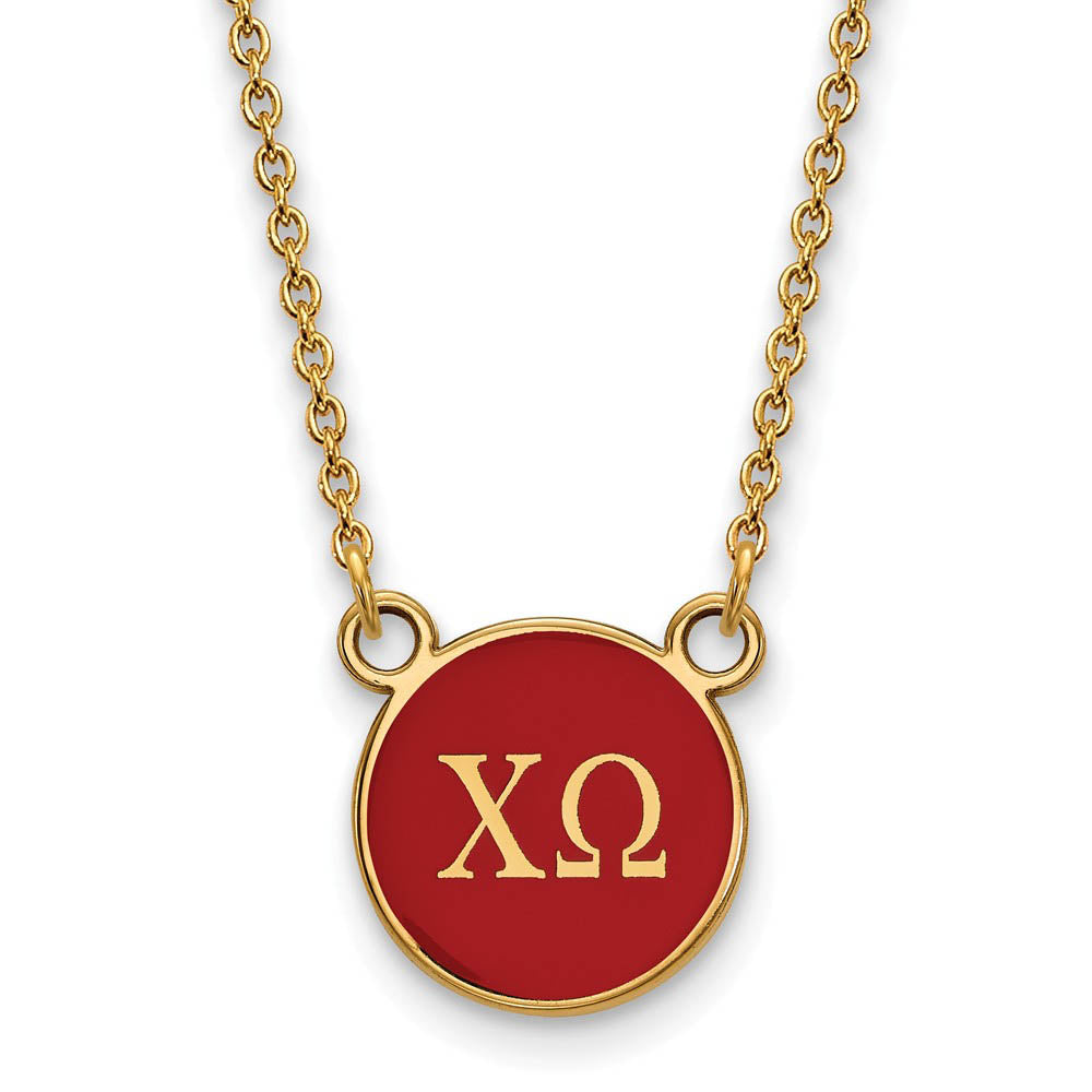 14K Plated Silver Chi Omega Small Red Enamel Disc Necklace, Item N14388 by The Black Bow Jewelry Co.