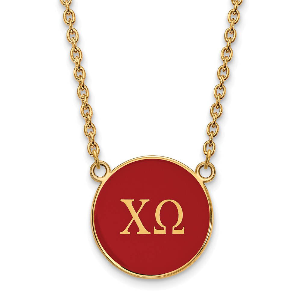 14K Plated Silver Chi Omega Lg Red Enamel Disc Greek Letters Necklace, Item N14389 by The Black Bow Jewelry Co.