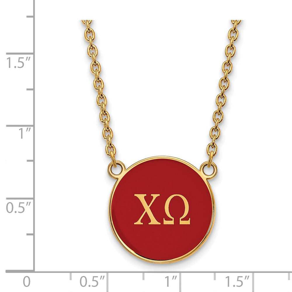 Alternate view of the 14K Plated Silver Chi Omega Lg Red Enamel Disc Greek Letters Necklace by The Black Bow Jewelry Co.