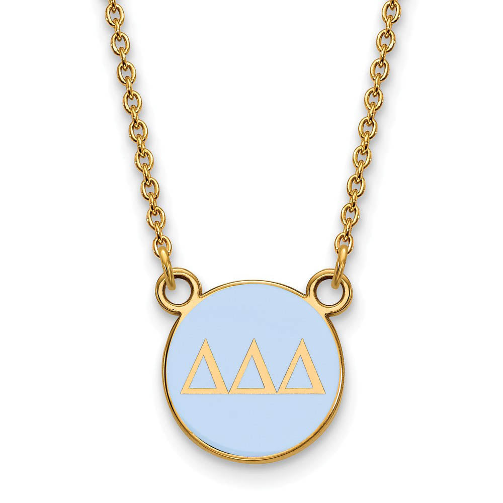 14K Plated Silver Delta Delta Delta Small Lt Blue Enamel Disc Necklace, Item N14402 by The Black Bow Jewelry Co.
