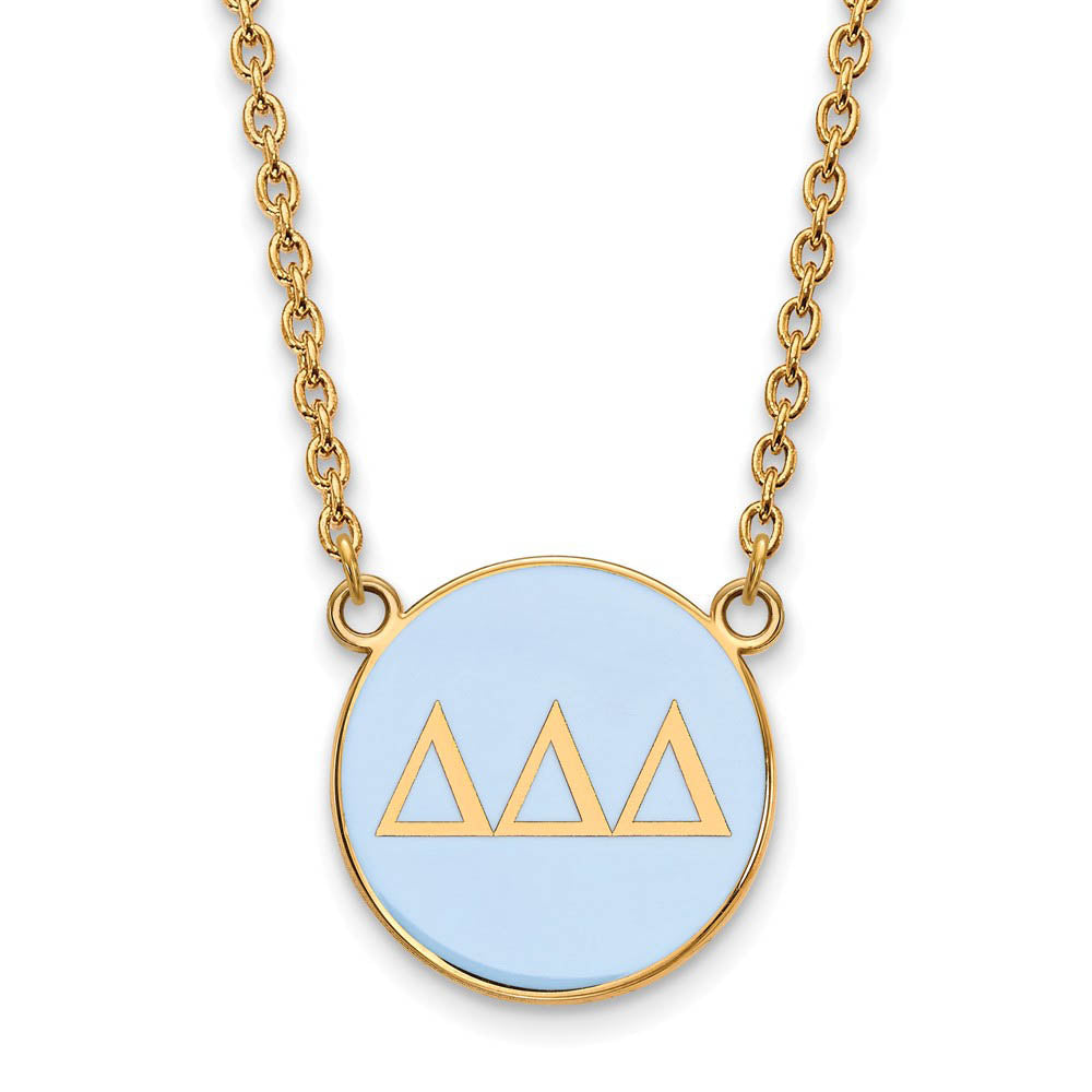 14K Plated Silver Delta Delta Delta Large Lt Blue Enamel Disc Necklace, Item N14403 by The Black Bow Jewelry Co.