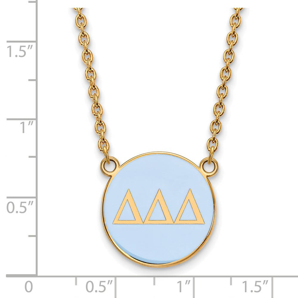 Alternate view of the 14K Plated Silver Delta Delta Delta Large Lt Blue Enamel Disc Necklace by The Black Bow Jewelry Co.
