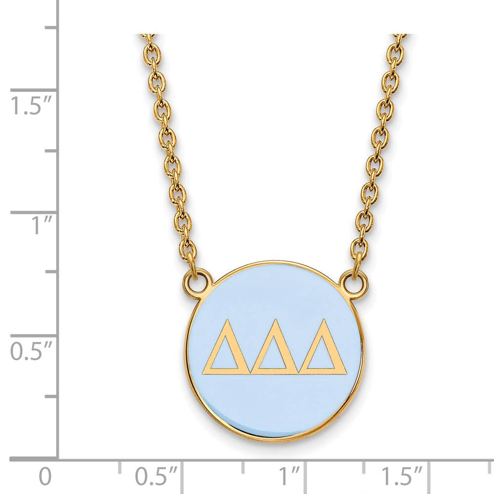 Alternate view of the 14K Plated Silver Delta Delta Delta Large Lt Blue Enamel Disc Necklace by The Black Bow Jewelry Co.