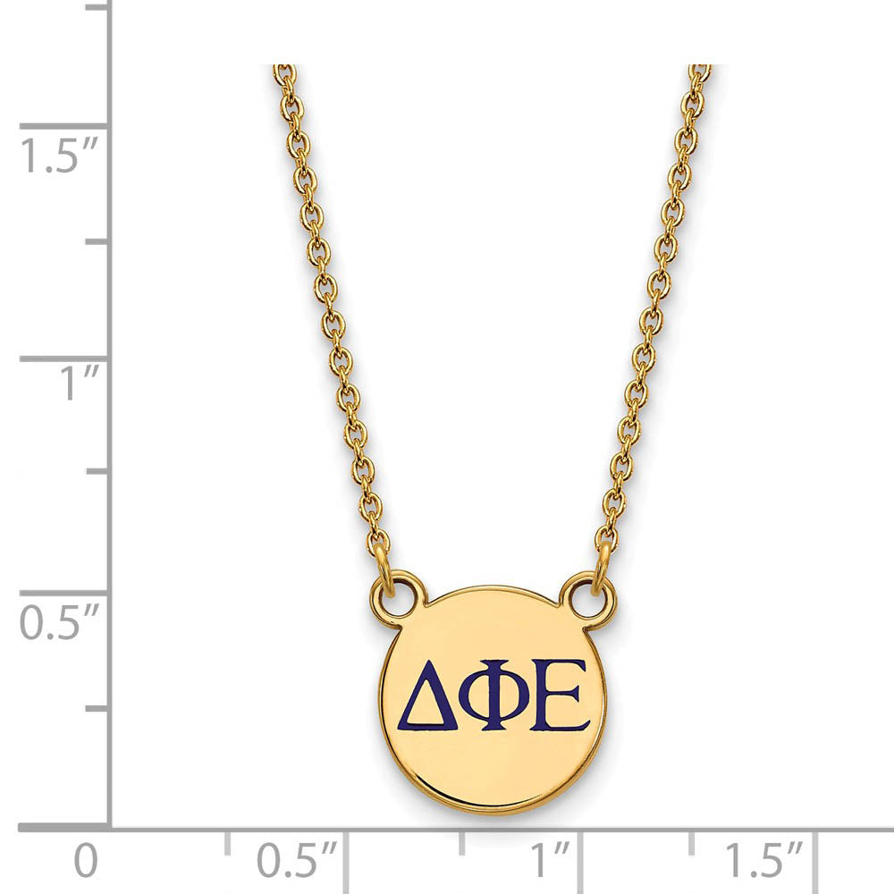 Alternate view of the 14K Plated Silver Delta Phi Epsilon Sm Blue Enamel Letters Necklace by The Black Bow Jewelry Co.