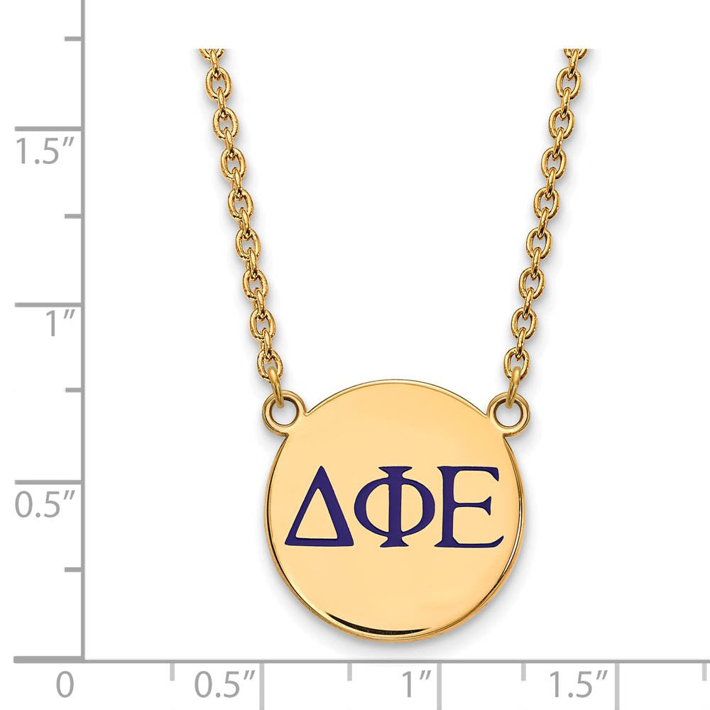 Alternate view of the 14K Plated Silver Delta Phi Epsilon Large Blue Enamel Letters Necklace by The Black Bow Jewelry Co.