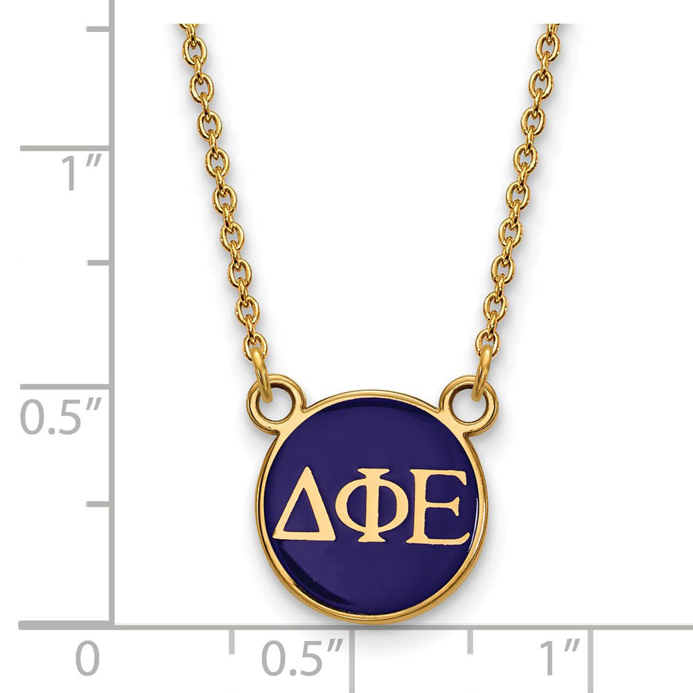 Alternate view of the 14K Plated Silver Delta Phi Epsilon Small Enamel Letters Disc Necklace by The Black Bow Jewelry Co.