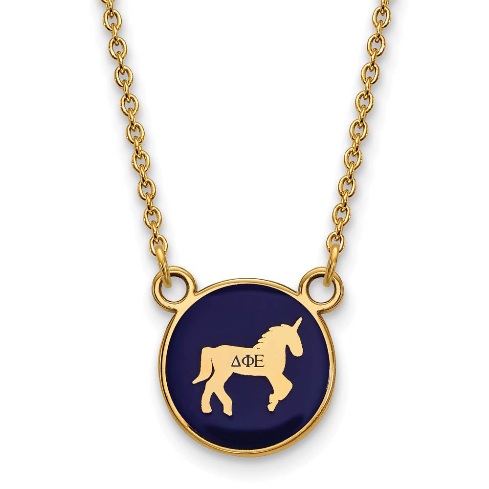14K Plated Silver Delta Phi Epsilon Small Blue Enamel Mascot Necklace, Item N14423 by The Black Bow Jewelry Co.